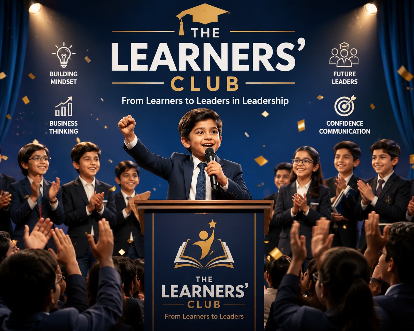 Young student speaking confidently at The Learners' Club — peers in blazers applaud on stage